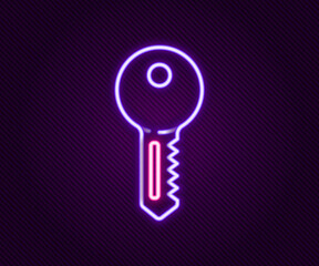 Glowing neon line House key icon isolated on black background. Colorful outline concept. Vector