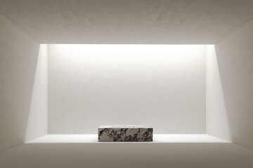 3D render empty white room with marble podium, concrete floor perspective of minimal design two story space with lighting. illustration mockup. Presentation space or gallery	