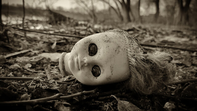 The severed head of the doll lies in the mud on the river bank.