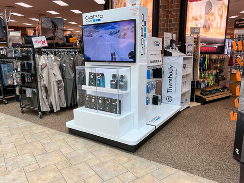 A display of GoPro action cameras for sale at the Scheels Sporting Goods store in Springfield, Illinois.