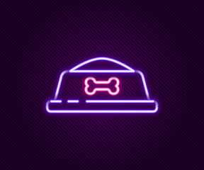 Fototapeta na wymiar Glowing neon line Pet food bowl for cat or dog icon isolated on black background. Dog bone sign. Colorful outline concept. Vector