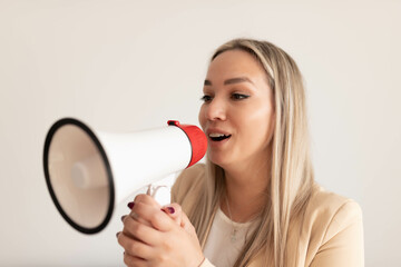 Naklejka premium Woman with megaphone. Business woman with loudspeaker. Digital marketing concept