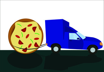 A blue automobile transporting a round big pizza. This illustration can be used as a logotype for pizza companies and pizzerias. Vector illustration, isolated.