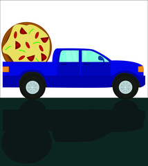 A blue car driving on a road and transporting a tasty hot pizza to a client. This illustration can be used as a logotype for pizza making companies and pizzerias. Vector illustration, isolated.
