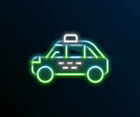 Fototapeta premium Glowing neon line Taxi car icon isolated on black background. Colorful outline concept. Vector