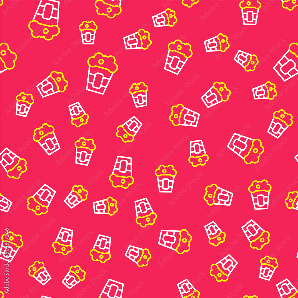 Poster line popcorn in cardboard box icon isolated seamless pattern on red background. popcorn bucket box. 