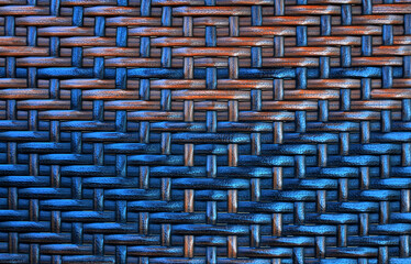 Texture of wicker furniture of rattan, blue orange rattan handmade texture with wavelike ornament