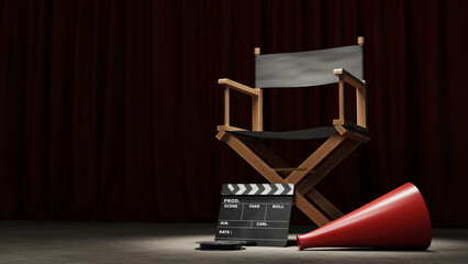 movie director's chair, slate and loud speaker, 3drendering - obrazy, fototapety, plakaty