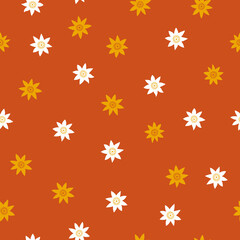 Abstract retro floral seamless pattern on red background. Colorful vector illustration. Groovy geometric flowers, hippie style. 60s, 70s 