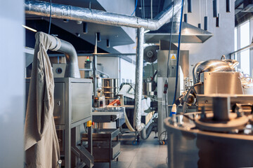 Manufacturin for automatic production of chocolate. Sweets modern factory. Food industry, automated technology equipment and engineering concept.