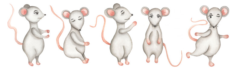 Watercolor cute rats illustration set, hand drawn gray big mouse clipart, animals print.