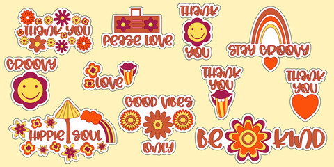 Retro groovy sticker set 70s hippie style. Cartoon vector illustration. Groovy flower elements. Isolated vector illustration. Thank you and inspiring retro sticker