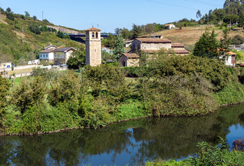 Fototapeta na wymiar Vista de la Iglesia prerrománica de San Pedro de Nora (siglo IX). Asturias, España.