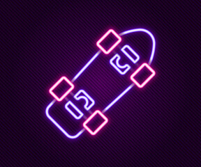Glowing neon line Skateboard icon isolated on black background. Extreme sport. Sport equipment. Colorful outline concept. Vector