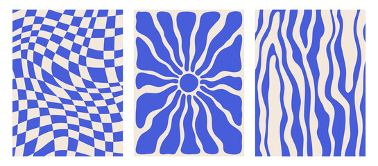 a set of three abstract vintage blue and white patterns. checkered, spotted distorted design for covers, postcards, posters, prints, tags. trendy retro 1970s style