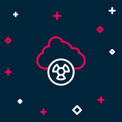 Line Acid rain and radioactive cloud icon isolated on blue background. Effects of toxic air pollution on the environment. Colorful outline concept. Vector
