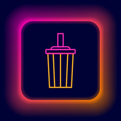 Glowing neon line Paper glass with drinking straw and water icon isolated on black background. Soda drink glass. Fresh cold beverage symbol. Colorful outline concept. Vector