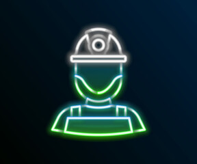 Glowing neon line Miner in a helmet icon isolated on black background. Colorful outline concept. Vector