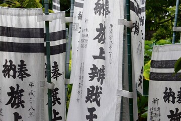 Black and White Nobori with Green plants in background Kyoto Japan
