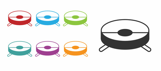 Black Robot vacuum cleaner icon isolated on white background. Home smart appliance for automatic vacuuming, digital device for house cleaning. Set icons colorful. Vector