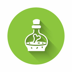 White Bottle with potion icon isolated with long shadow. Flask with magic potion. Happy Halloween party. Green circle button. Vector