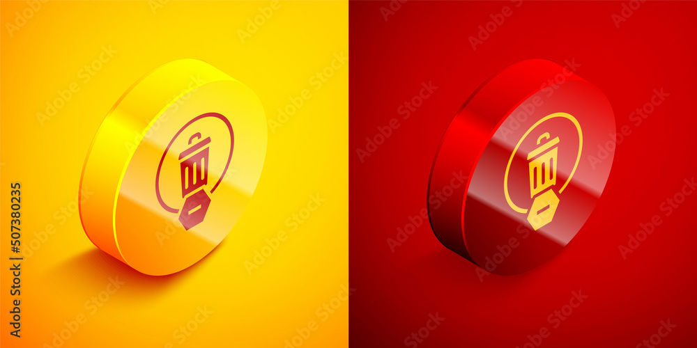 Poster isometric trash can icon isolated on orange and red background. garbage bin sign. recycle basket ico