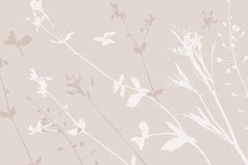 Floral silhouettes background in pastel colors. Different plants on beige background. Natural design
