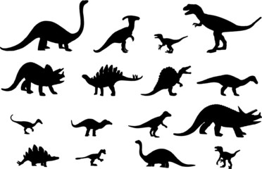 Set of dinosaur silhouettes. Group of black dinosaur silhouettes isolated on white. Side view, profile. Vector.