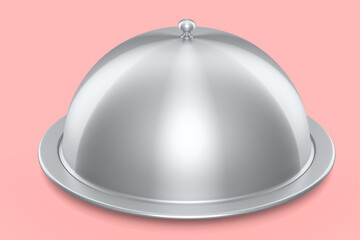 Silver tray with cloche ready to serve isolated on pink background