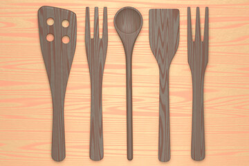 Wooden kitchen utensils, tools and equipment on wooden background.