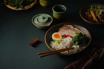 Asian noodle soup on table, ramen with pork, vegetables and egg in a bowl. Copy space - 507380854