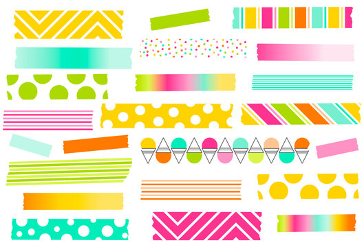Collection of summer washi tape strips. Masking or adhesive tape strips, stickers or labels. EPS files has global colors for easy color changes and semitransparent tape strips. 