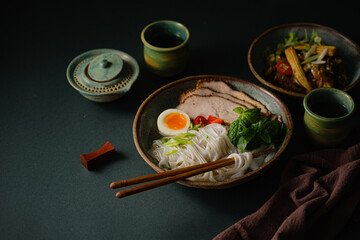 Asian noodle soup on table, ramen with pork, vegetables and egg in a bowl. Copy space - 507381041