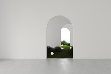 Empty white room with arched door and grass trail in the room, round included lamps, wall design and concrete floor, abstract minimalist space or gallery. 3d render 
