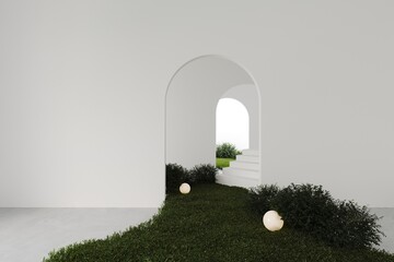 Empty white room with arched door,stairs and green grass lawn in the room, wall design and concrete floor, abstract minimalist space or gallery. 3d render  - obrazy, fototapety, plakaty