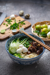 Traditional asian noodle soup with bok choi and chicken in ceramic bowl.