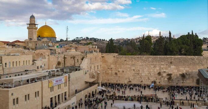 Time lapse of The Dome of the Rock on the temple mount, and the western wall in Jerusalem, Israel