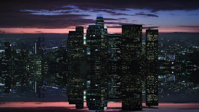 
Surreal Vision of Los Angeles City. Futuristic Aerial View of Downtown Skyline. Parallel Dimension Inception Style Mirror Effect. California, United States. 