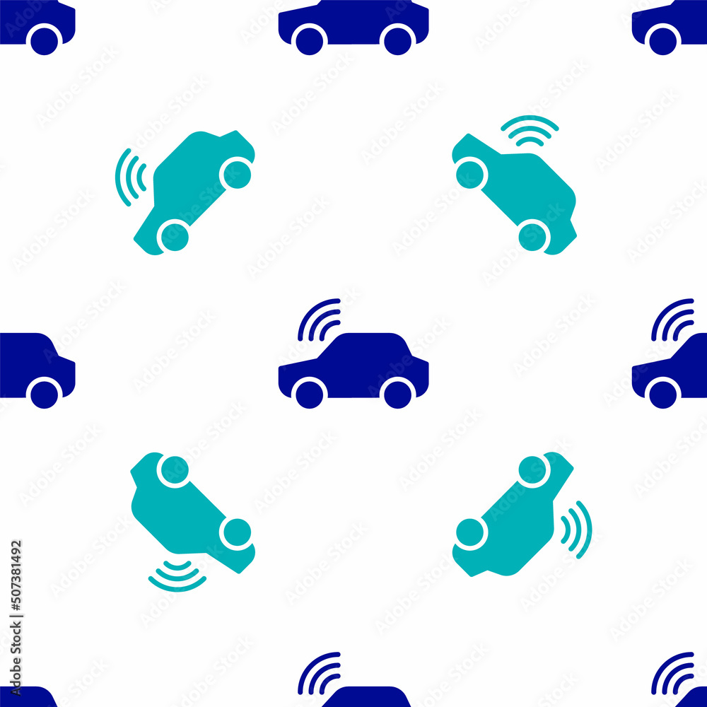 Poster blue smart car system with wireless connection icon isolated seamless pattern on white background. r