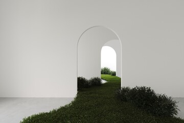 Empty white room with arch door and green grass trail 
 in the room, wall design and concrete floor, abstract minimalist space or gallery. 3D render 