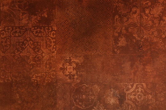 Fototapeta Old brown rusty vintage worn geometric shabby mosaic ornate patchwork motif porcelain stoneware tiles stone concrete cement wall texture background