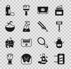 Set Barber shop pole, apron, Shaving razor, Blade, Cream cosmetic tube, Washbasin, gel foam and Curling iron icon. Vector