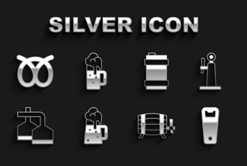 Set Wooden beer mug, Beer tap, Bottle opener, barrel, brewing process, Metal keg, Pretzel and icon. Vector