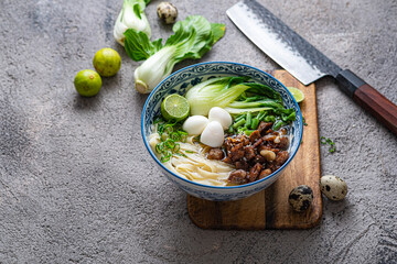 Japanese ramen soup with chicken, egg, chives and bok choy on concrete background.