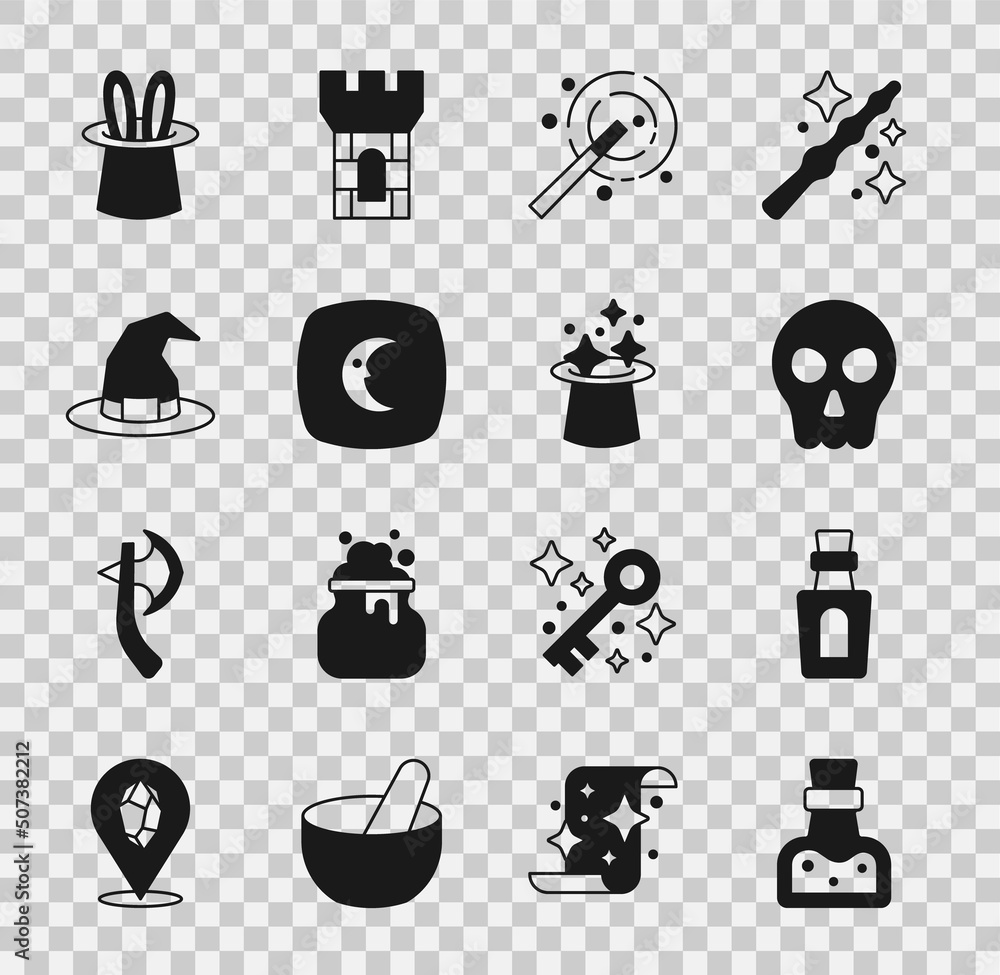 Canvas Prints Set Bottle with potion, Skull, Magic wand, Moon stars, Witch hat, Magician rabbit ears and icon. Vector