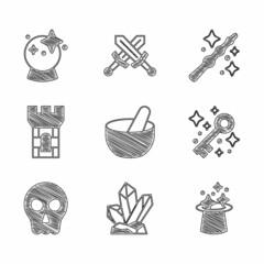 Set Witch cauldron, Magic stone, hat, Old magic key, Skull, Castle tower, wand and ball icon. Vector