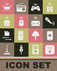 Set Wi-Fi wireless internet, Cloud technology data, Wireless microphone, gamepad, computer mouse, Smart server, drone system and Mail and e-mail icon. Vector