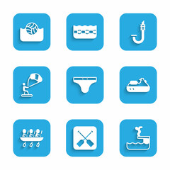 Set Swimming trunks, Paddle, Swimmer diving into pool, Jet ski, Canoe rowing team sports, Kitesurfing, Snorkel and Water polo icon. Vector