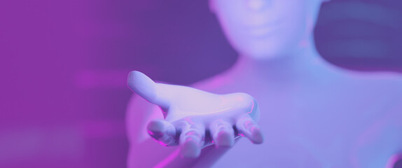 3d Avatar woman - cyborg hand close up - inviting, offering and introducing - copy space on a purple and blue background. High blurred depth of field
