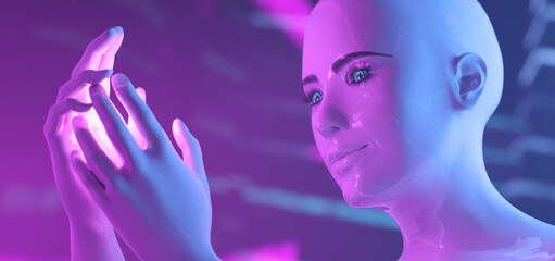 3d Avatar woman - face and hands close up of virtual reality robot holding a light on her hands on a purple and blue background.